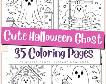 Könnte beinhalten: Eine Sammlung von Halloween-Malvorlagen in Schwarzweiß. Die Seiten zeigen niedliche Geister, Fledermäuse und andere gruselige Elemente. Der Text "Cute Halloween Ghost" und "35 Coloring Pages" wird auf dem Bild angezeigt.
