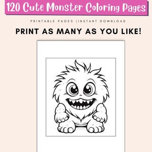 May include: Black and white line art illustration of a cute monster with big eyes and a wide smile. The monster has a furry body and is standing with its arms at its sides.  The image is a coloring page for kids.