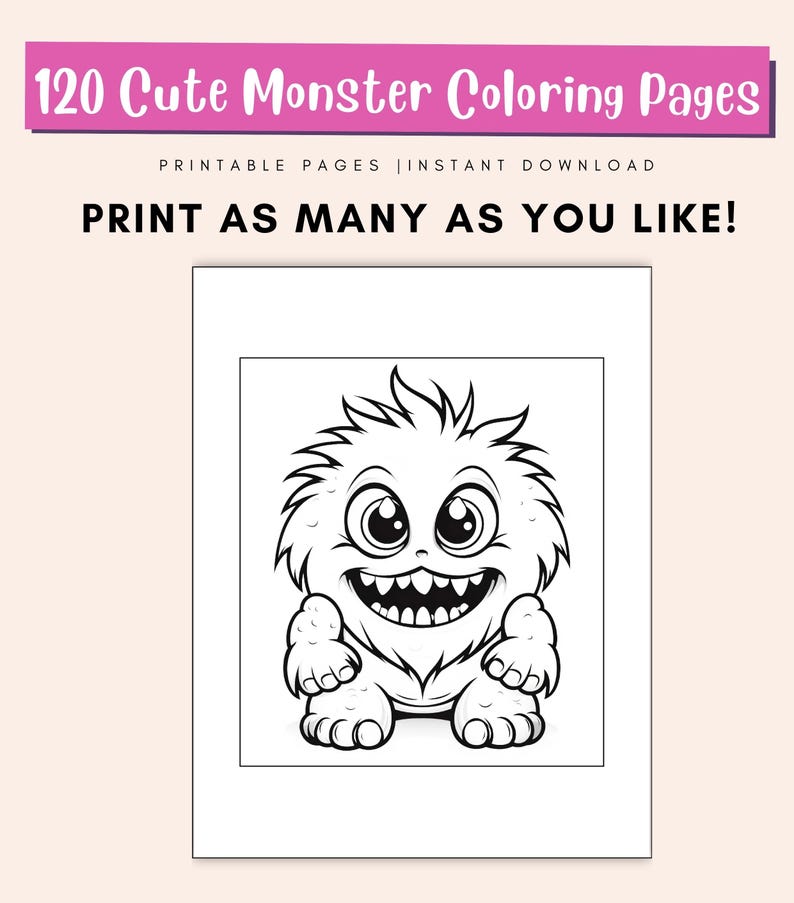 May include: Black and white line art illustration of a cute monster with big eyes and a wide smile. The monster has a furry body and is standing with its arms at its sides.  The image is a coloring page for kids.