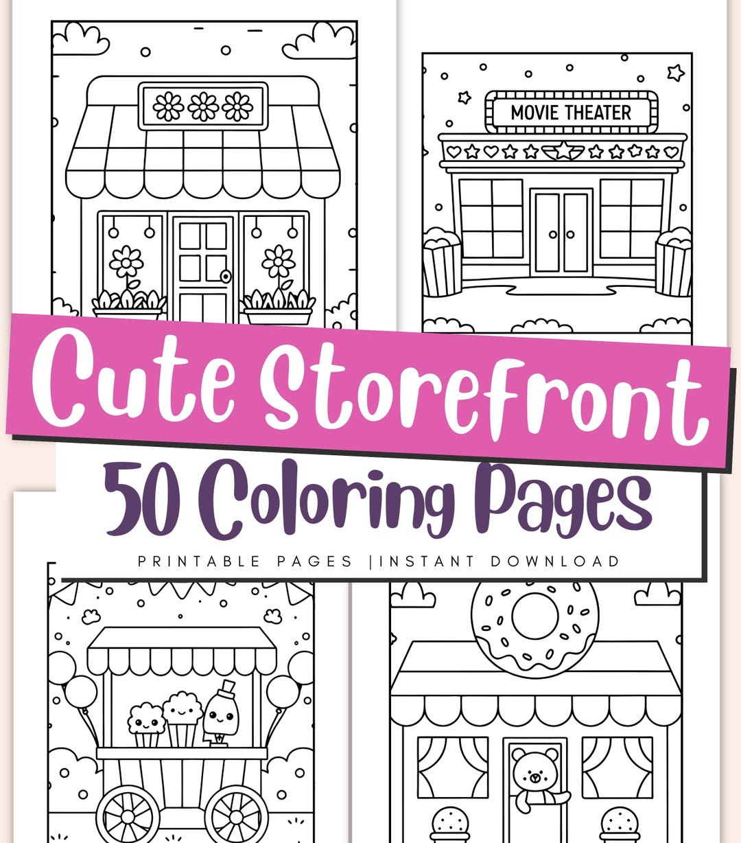 Cute Storefont Coloring Pages for Kids, Kawaii Cozy Coloring Book ...
