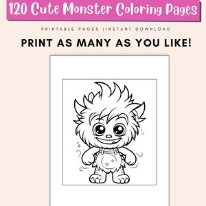 May include: Black and white line art coloring page of a cute monster with big eyes and a toothy grin. The monster is wearing overalls and has a fluffy tail.