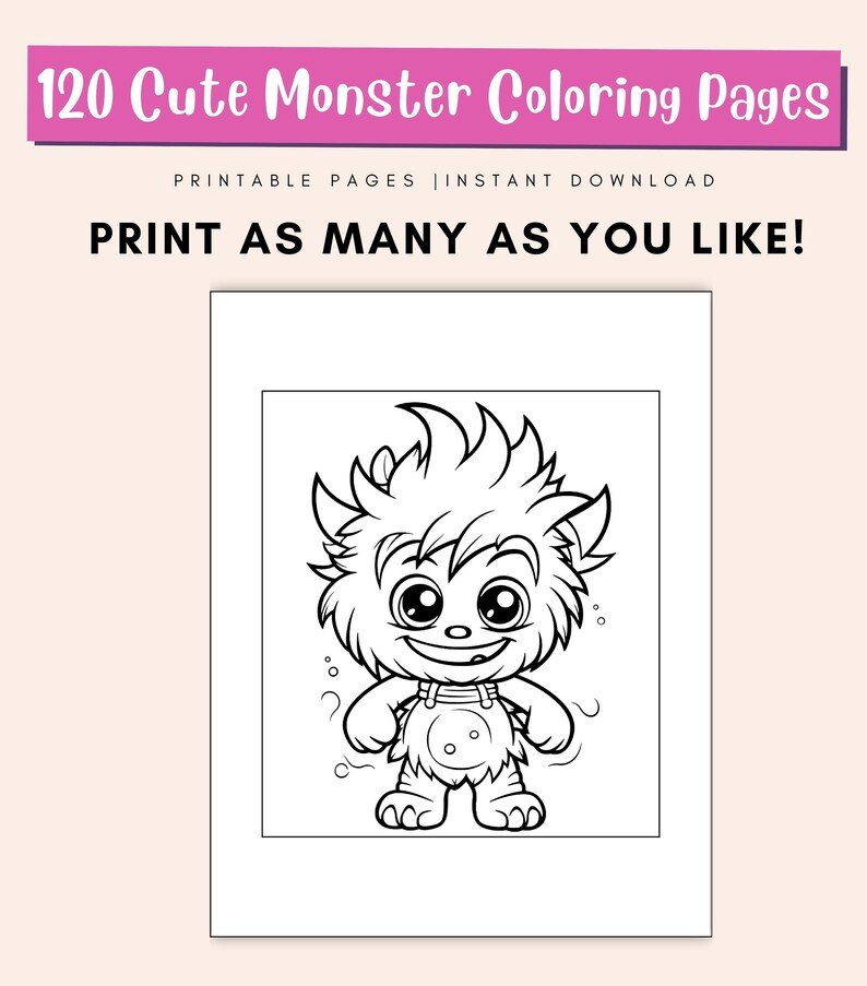 May include: Black and white line art coloring page of a cute monster with big eyes and a toothy grin. The monster is wearing overalls and has a fluffy tail.