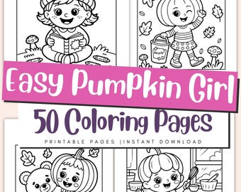 Easy Pumpkin Girl Coloring Pages for Kids & Adults, Fall Halloween Printable PDF