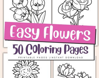 Blumen Malseiten für Kinder & Erwachsene - Einfaches Blumen Malbuch für Kleinkinder, druckbare PDF-Datei