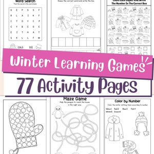 May include: A collection of winter-themed learning games for children. The pages include word searches, counting exercises, mazes, and color-by-number activities. The title "Winter Learning Games" and "77 Activity Pages" are displayed in the image.