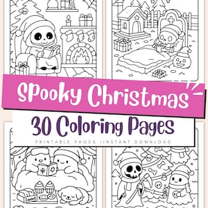 May include: Black and white line art coloring book pages with a spooky Christmas theme. The cover features the text "Spooky Christmas 30 Coloring Pages". The illustrations include skeletons, ghosts, and other Halloween-themed characters.