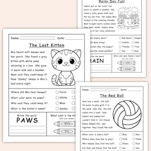 Puede incluir: Tres hojas de actividades en blanco y negro para ni&ntilde;os. Las hojas presentan ilustraciones y preguntas para completar sobre un gatito, una pelota roja y un d&iacute;a lluvioso. Las hojas incluyen las palabras "PAWS" y "BALL".