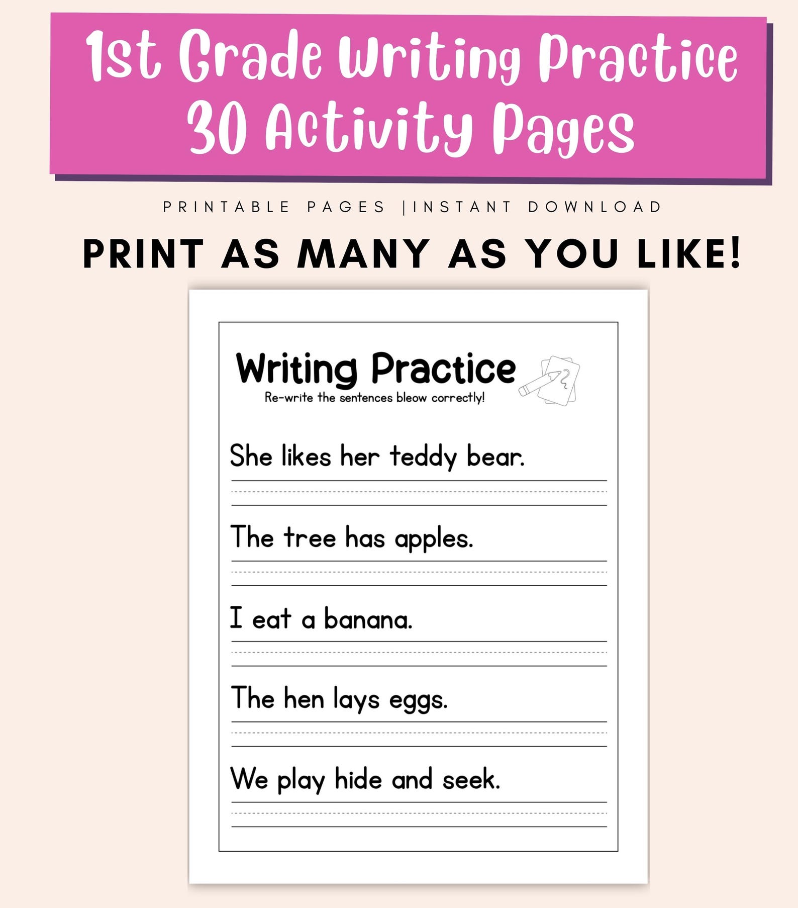 1st Grade Writing Practice Worksheets – Printable Handwriting, Sentence ...