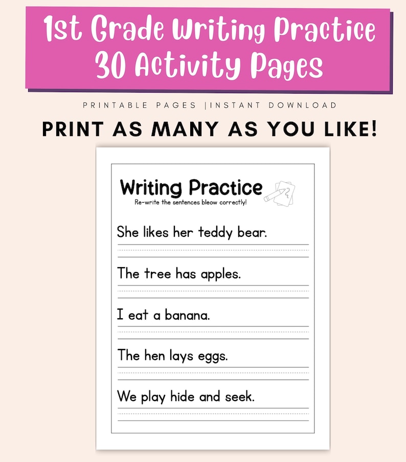 1st Grade Writing Practice Worksheets – Printable Handwriting, Sentence ...