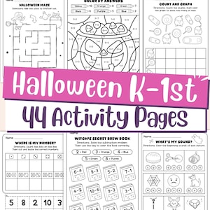 May include: A Halloween-themed activity book for K-1st grade students. The cover features the text "Halloween K-1st 44 Activity Pages". Inside, there are mazes, color-by-number, counting, and other educational games. The pages are black and white.