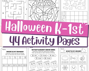 Halloween Worksheets for Kindergarten & 1st Grade, Math, Phonics, CVC Words Printable Activities