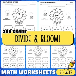 Hojas de trabajo de división con girasoles para tercer grado, paquete de práctica de matemáticas con operaciones de división (PDF imprimible)