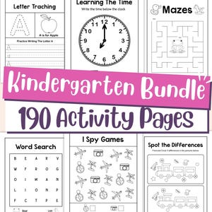 May include: A collection of 190 kindergarten activity pages. The pages include letter tracing, time-telling practice, mazes, word searches, I Spy games, and spot-the-difference puzzles. The bundle is designed for early childhood education.