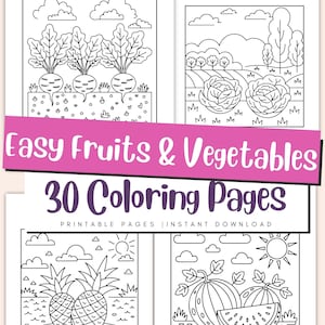 Könnte beinhalten: Schwarz-Weiß-Malvorlagen mit Obst und Gemüse. Die Seiten enthalten Illustrationen von Radieschen, Kohl, Ananas und Wassermelonen. Der Text "Easy Fruits & Vegetables" und "30 Coloring Pages" ist sichtbar.