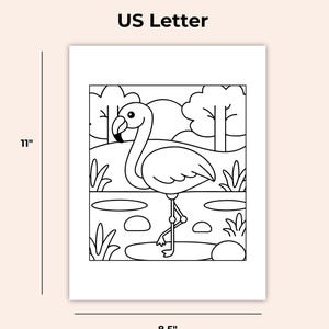May include: A black and white line drawing of a flamingo standing in a pond. The flamingo is in a natural setting with trees and plants. The image is 8.5 inches wide and 11 inches tall.
