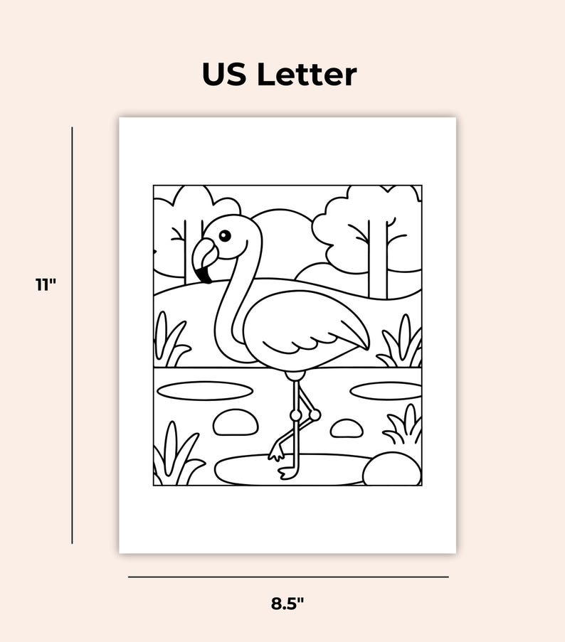 May include: A black and white line drawing of a flamingo standing in a pond. The flamingo is in a natural setting with trees and plants. The image is 8.5 inches wide and 11 inches tall.