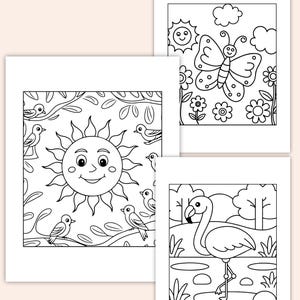 May include: Three black and white colouring pages featuring a smiling sun with birds, a butterfly with flowers, and a flamingo standing in a pond.