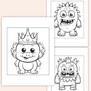 May include: A black and white coloring page featuring three cartoon monsters. One monster is wearing a crown, another has spiky hair, and the third has a furry appearance.