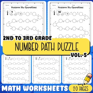 Può includere: Una serie di fogli di lavoro di matematica per studenti di seconda e terza elementare. I fogli di lavoro presentano enigmi di percorso numerico con problemi di addizione e sottrazione. La copertina include il testo "Number Path Puzzle Vol. 5" e "Math Worksheets 20 Pages".