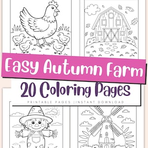 May include: Black and white line art coloring pages featuring farm scenes. The image includes a hen with chicks, a barn, a scarecrow, and a windmill. Text on the image reads "Easy Autumn Farm" and "20 Coloring Pages".