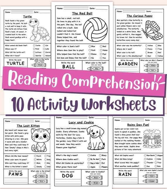 Reading Comprehension for Kids, Printable Kindergarten Activity Worksheets, Preschool Reading Activities, Instant Download