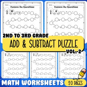 Può includere: Una raccolta di fogli di lavoro di matematica per studenti di seconda e terza elementare. I fogli di lavoro presentano enigmi di addizione e sottrazione con una grafica di auto e alberi. Il titolo "ADD & SUBTRACT PUZZLE VOL-2" è visualizzato in uno striscione giallo. I fogli di lavoro sono etichettati "MATH WORKSHEETS 20 PAGES".