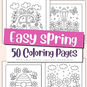 May include: A set of 50 printable coloring pages featuring easy spring-themed illustrations. The images include a car with mushrooms on the roof, a street lamp with flowers, a beehive with bees, and a field of flowers.