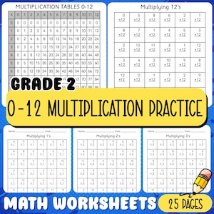 May include: A colorful math worksheet set for Grade 2 students. The pages feature multiplication tables, practice problems for multiplying 1s, 2s, and 3s, and multiplying 12s. The set includes 25 pages.