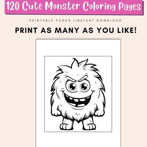 May include: A black and white coloring page featuring a cute cartoon monster with a big smile and large eyes. The monster has a furry body and is standing with its arms at its sides. The text "PRINT AS MANY AS YOU LIKE!" is printed at the top of the page.
