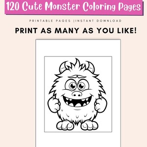 May include: Black and white line art illustration of a cute monster with big eyes and a wide smile. The monster has a furry body and is standing with its arms raised.