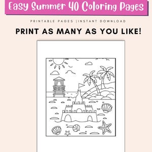May include: A black and white line drawing of a beach scene with a sandcastle, palm trees, a lifeguard stand, and seashells. The sun is shining in the sky.  "Print as many as you like!" is written at the top of the page.