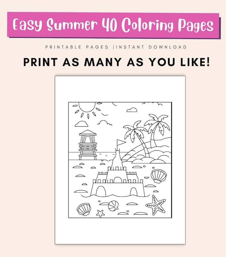 May include: A black and white line drawing of a beach scene with a sandcastle, palm trees, a lifeguard stand, and seashells. The sun is shining in the sky.  "Print as many as you like!" is written at the top of the page.