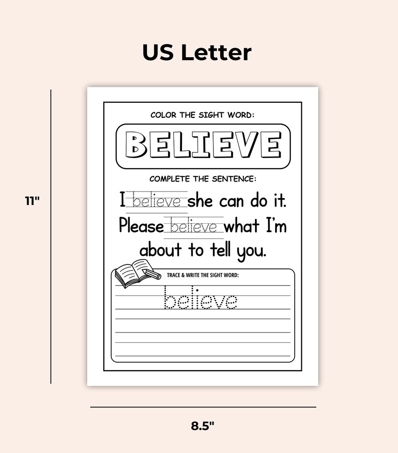 Sight Words Workbook – Color + Trace Worksheets – Kindergarten Literacy – Instant Download