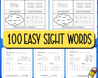 Sight Words Worksheets for Kids – 100 Printable Reading Practice Pages Preschool Kindergarten PDF