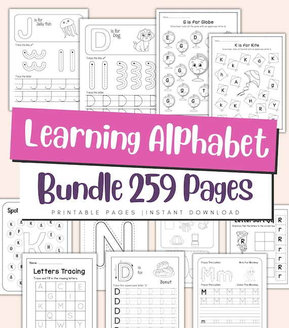 Alphabet Learning Worksheets Bundle for Kids – Letter Recognition Tracing and Beginning Sounds Printable PDF