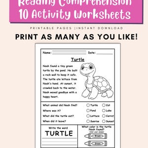 Puede incluir: Una hoja de trabajo imprimible de comprensi&oacute;n de lectura titulada "Reading Comprehension 10 Activity Worksheets". La hoja de trabajo incluye una historia sobre una tortuga, preguntas y un espacio para escribir la palabra "turtle".