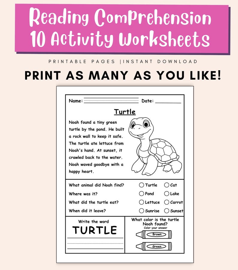 Puede incluir: Una hoja de trabajo imprimible de comprensi&oacute;n de lectura titulada "Reading Comprehension 10 Activity Worksheets". La hoja de trabajo incluye una historia sobre una tortuga, preguntas y un espacio para escribir la palabra "turtle".