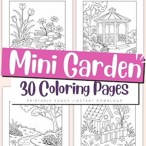 Könnte beinhalten: Ein Satz von vier Schwarzweiß-Malvorlagen mit verschiedenen Szenen eines Mini-Gartens. Die Szenen beinhalten einen Teich mit Seerosen, einen Pavillon, einen gewundenen Weg und ein Vogelhaus mit einem Zaun.