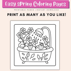 May include: A black and white line drawing of a bathtub with flowers and strawberries inside. A shower head is above the bathtub, with water droplets falling from it. The image is a coloring page.