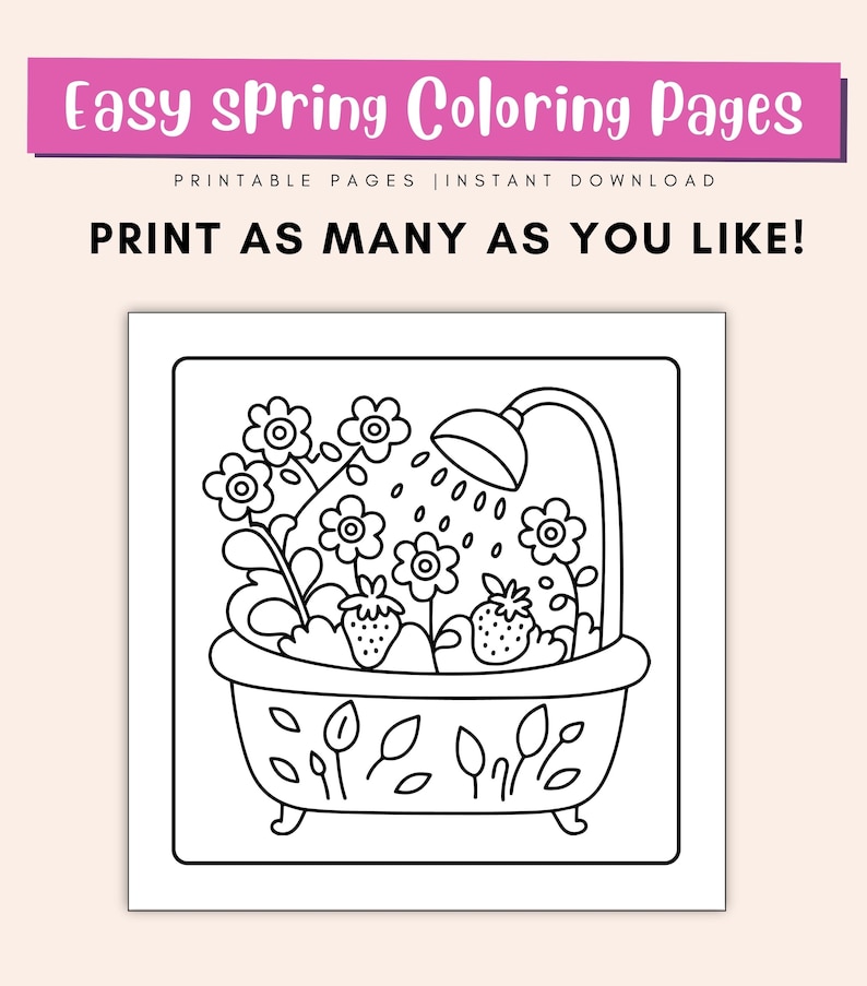 May include: A black and white line drawing of a bathtub with flowers and strawberries inside. A shower head is above the bathtub, with water droplets falling from it. The image is a coloring page.
