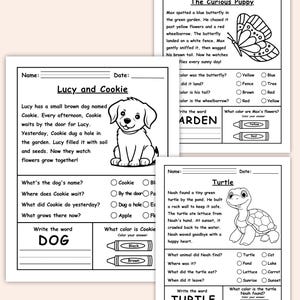 Puede incluir: Tres hojas de trabajo en blanco y negro para ni&ntilde;os. Cada hoja de trabajo tiene un t&iacute;tulo, texto y preguntas. Una hoja de trabajo se titula "Lucy and Cookie" y presenta un perro. Otra es "The Curious Puppy" con una mariposa. La tercera es "Turtle" con una tortuga.