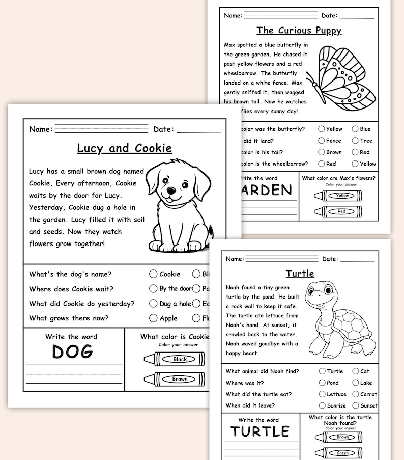 Puede incluir: Tres hojas de trabajo en blanco y negro para ni&ntilde;os. Cada hoja de trabajo tiene un t&iacute;tulo, texto y preguntas. Una hoja de trabajo se titula "Lucy and Cookie" y presenta un perro. Otra es "The Curious Puppy" con una mariposa. La tercera es "Turtle" con una tortuga.