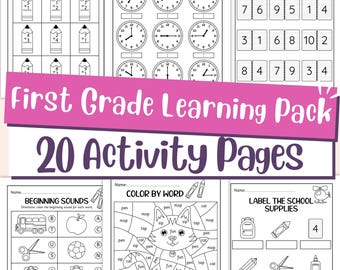 May include: A collection of black and white activity pages for first grade students. The pages include math problems, time-telling exercises, color-by-word activities, and labeling exercises. The title "First Grade Learning Pack" is displayed prominently.