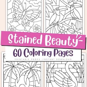 Könnte beinhalten: Vier Ausmalbilder mit schwarzen Umrissen. Oben links ein Schmetterling, oben rechts Tukane, unten links Palmen und unten rechts ein Schwan. Der Text auf dem Bild lautet "Stained Beauty" und "60 Coloring Pages".