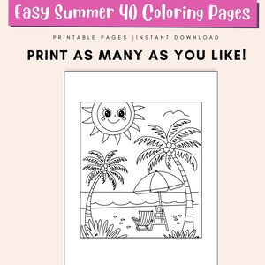 May include: A black and white colouring page featuring a beach scene with a smiling sun, two palm trees, an umbrella, and a beach chair. The text "PRINT AS MANY AS YOU LIKE!" is at the top of the page.