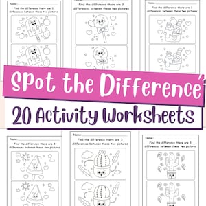 May include: A set of 20 activity worksheets with the title "Spot the Difference". Each worksheet features two images with the prompt "Find the difference there are 3 differences between these two pictures". The images are black and white.
