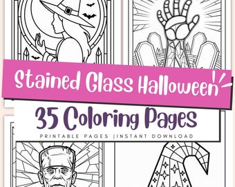 Stained Glass Halloween Coloring Pages for Kids & Adults, Spooky Mosaic Printable PDF