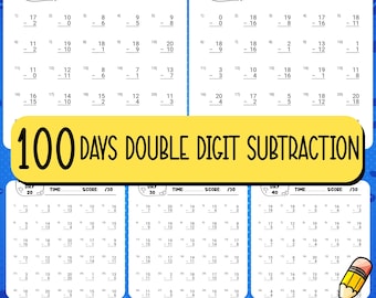 May include: A set of math worksheets for double-digit subtraction. The worksheets are white with black text and include problems for days 1 through 100. The title reads "100 Days Double Digit Subtraction" with the words "Math Worksheets 100 Pages" at the bottom.