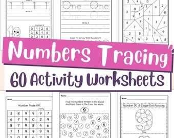 May include: Black and white printable worksheets for children to practise tracing numbers 1 through 9. The worksheets include number mazes, dot-to-dot activities, and number tracing exercises.