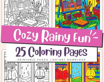 Rainy Day Coloring Pages for Kids & Adults, Cozy Weather Scenes, Printable Coloring Book PDF